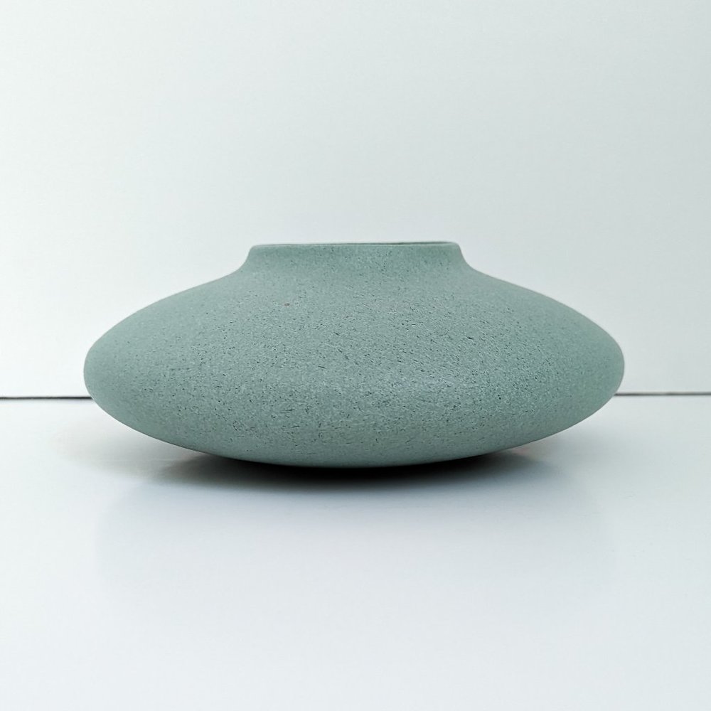 Vintage Teal MCM Minimalist Squatty Pottery Vase Ceramic with Texture